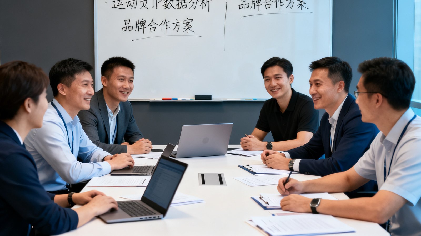 CMP冠军国际核心团队成员在深圳总部现代化会议室进行体育营销策略研讨，白板上写满运动员IP数据分析和品牌合作方案