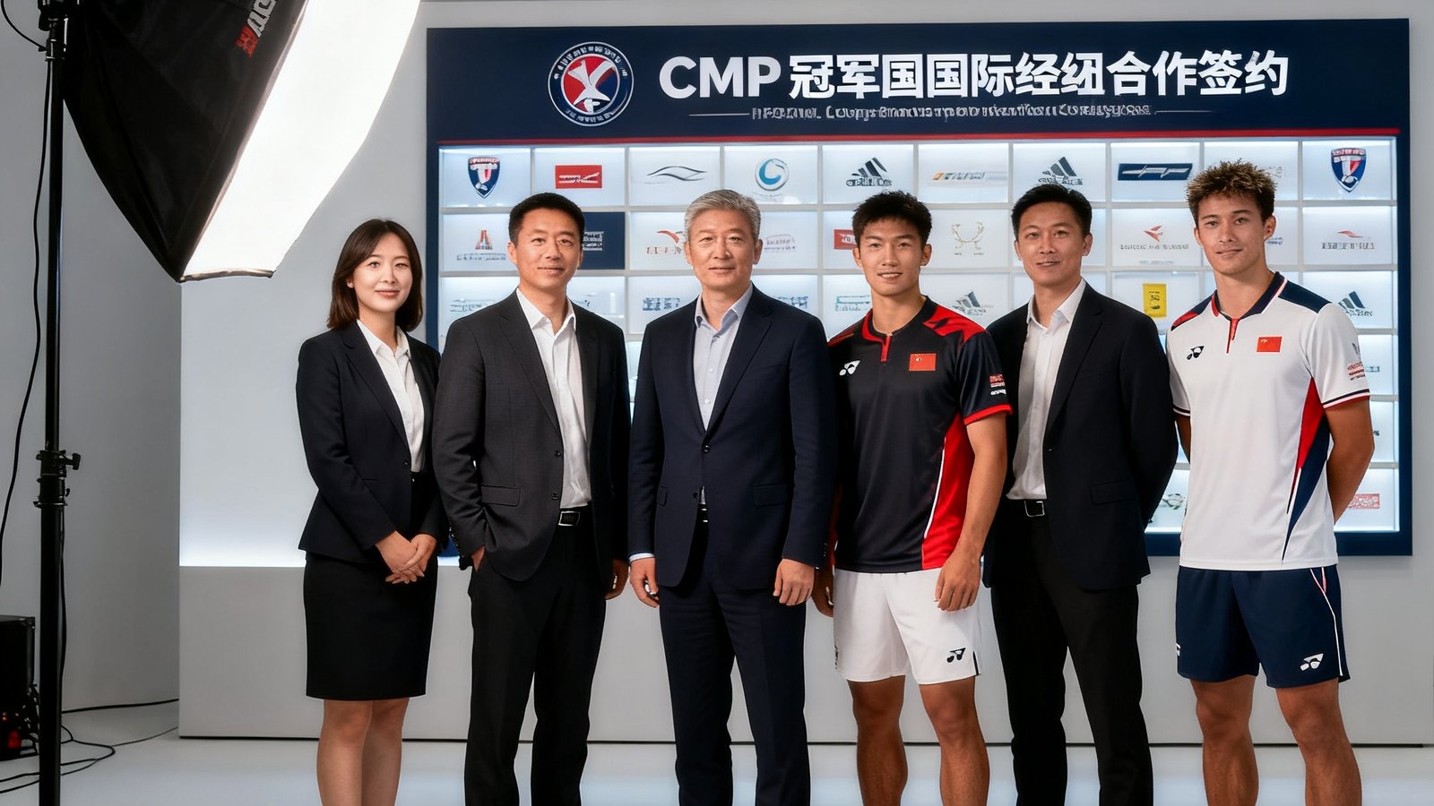 CMP冠军国际经纪团队与签约运动员在专业摄影棚内进行形象照拍摄,背景为品牌合作展示墙