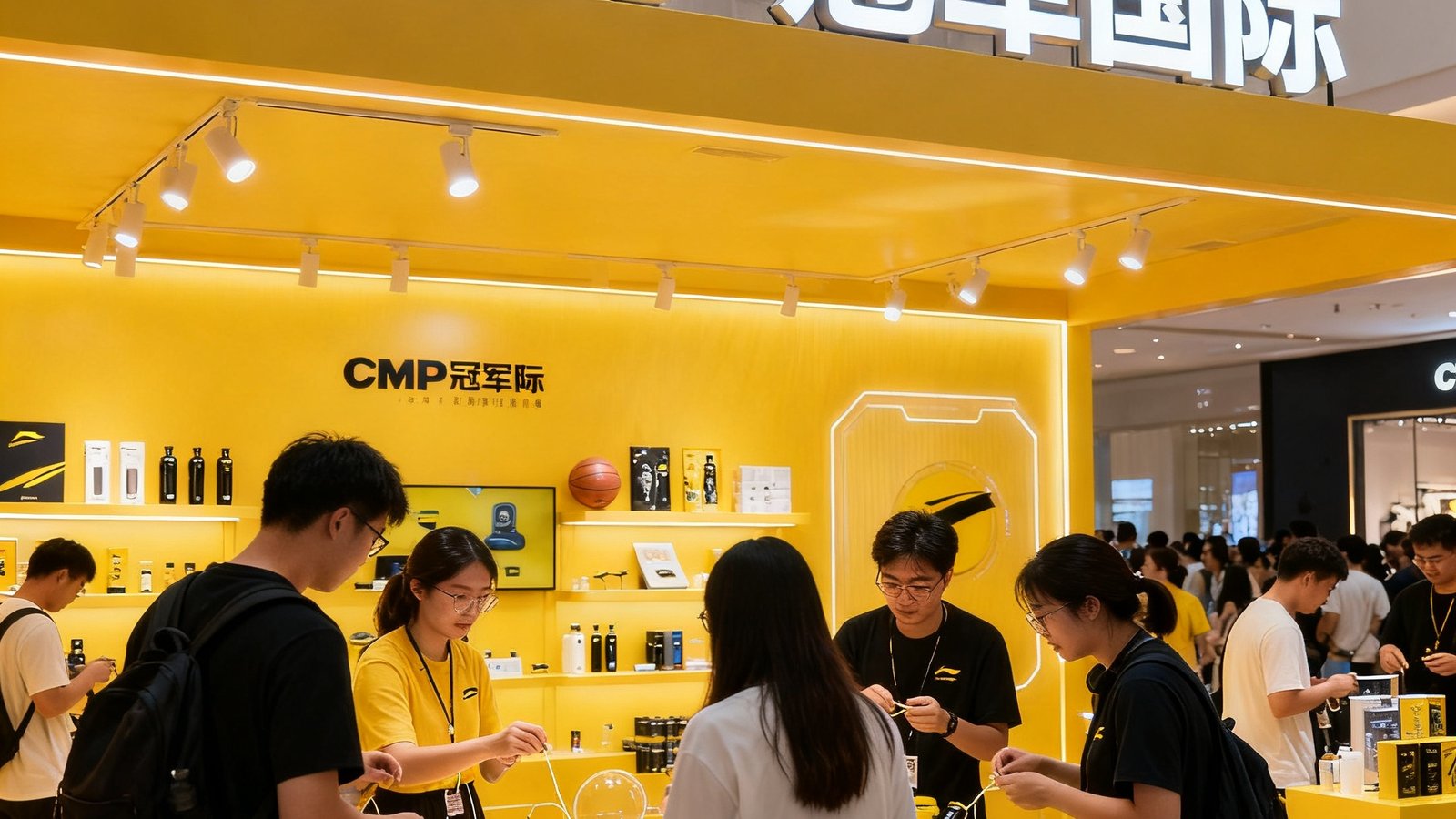 CMP冠军国际为运动品牌策划的线下快闪活动场景,消费者在体验区参与互动,背景为品牌巨型logo和产品展示区